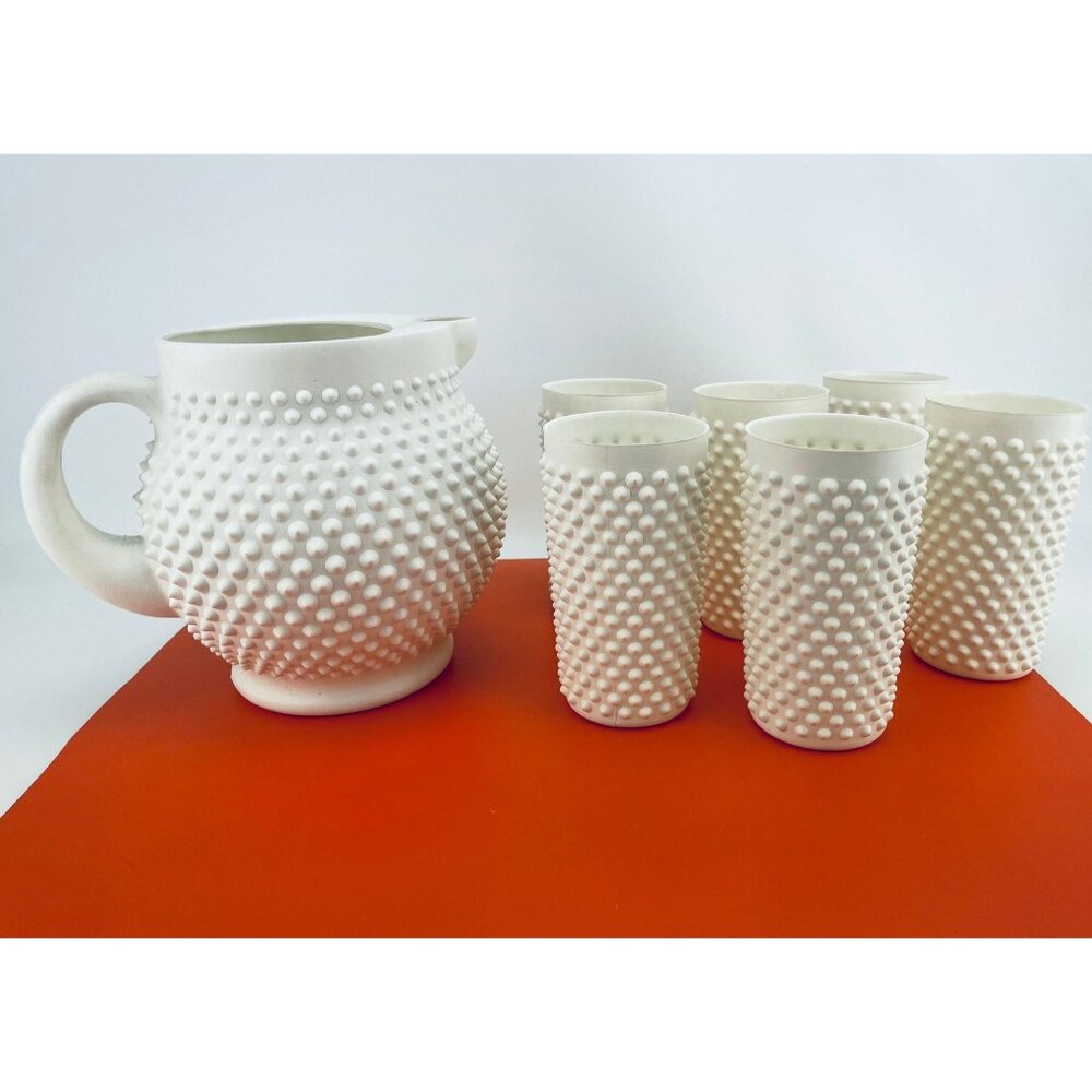 Vintage 1970s plastic faux hobnail pitcher set, white pitcher and 6 tumblers